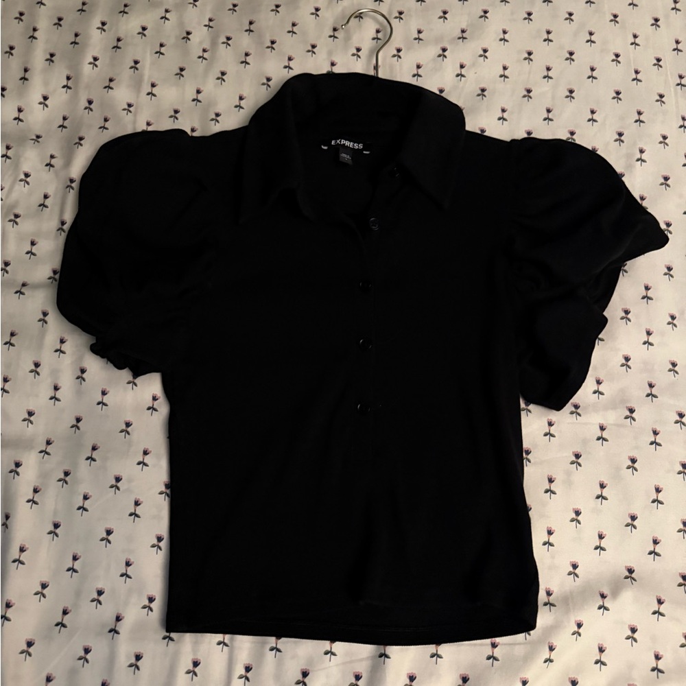 Express Pleated Puff Sleeve Polo Cropped Top in Black Size Small